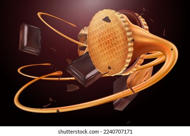 Wafer biscuits chocolate with caramel flying in the middle isolated on solid color background. Vector realistic in 3d illustration.