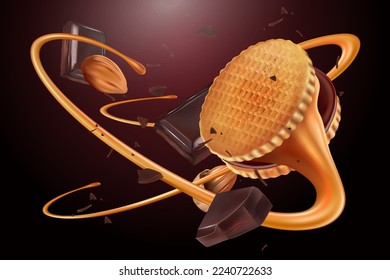 Wafer biscuits chocolate with caramel flying in the middle isolated on solid color background. Vector realistic in 3d illustration.