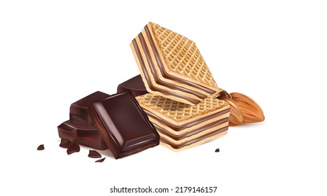 Wafer Biscuits with chocolate cream in the middle on solid color background. Realistic vector in 3D illustration. Food and Drink concepts.