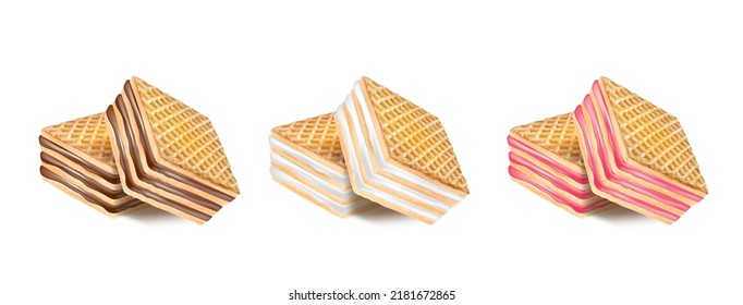 Wafer Biscuits with chocolate cream, strawberry, milk cream in the middle on solid color background. Realistic vector in 3D illustration. Food and Drink concepts.