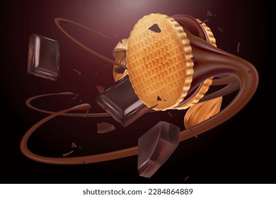 Wafer biscuits chocolate flying in the middle isolated on solid color background. Vector realistic in 3d illustration. Food concepts.