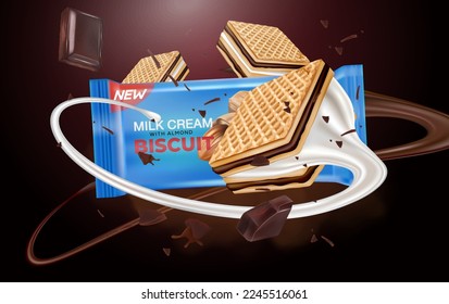 Wafer biscuits chocolate and milk with packaging mock up flying in the middle isolated on dark color background. Vector realistic in 3d illustration.