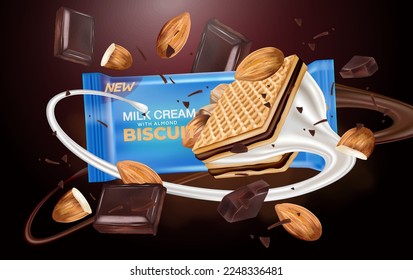 Wafer biscuits chocolate and milk with packaging mock up flying in the middle isolated on dark color background. Vector realistic in 3d illustration.
