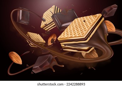 Biscuits de Wafer con chocolate salpicado en el medio sobre fondo de color sólido. Vector realista en ilustración 3D. Conceptos de comida y bebida.