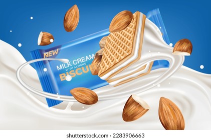 Wafer Kekse Milch mit Verpackung fliegen in der Mitte einzeln auf dunklem Hintergrund. Vektorrealistisch in 3D-Abbildung.
