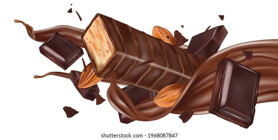 Wafer Chocolate and Almonds seed with liquid splashing with in the middle isolated on white background. Vector realistic in 3d illustration.