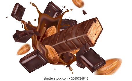 Wafer Chocolate and Almonds seed with liquid splashing with in the middle isolated on white background. Vector realistic in 3d illustration.