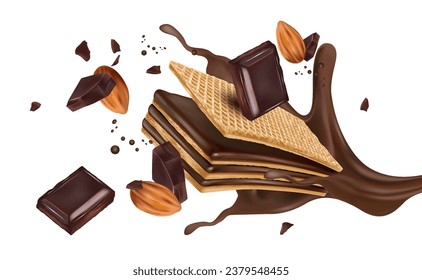 Wafer chocolate with almonds seed and chocolate liquid splashing in the middle on white background. Realistic vector in 3D illustration. Food concepts.