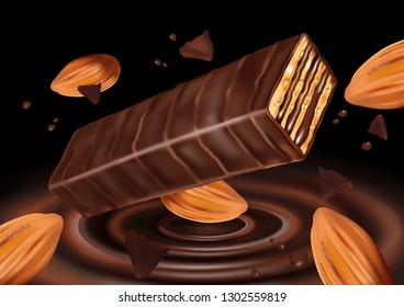 Wafer chocolate bar and almond seeds in the middle isolated on solid color background for your brand, Vector realistic in 3d illustration. Food concept.