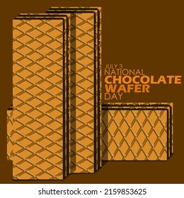 Wafer-Schokoladenkekse mit fetten Texten einzeln auf braunem Hintergrund, Nationaler Schokoladentag 3. Juli