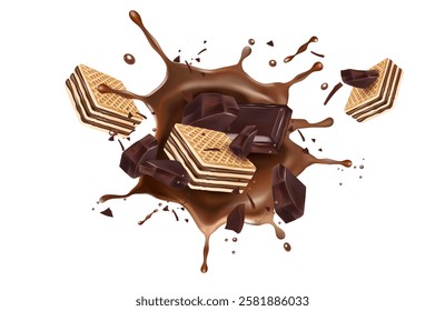 Wafer chocolate with chocolate liquid splashing in the middle isolated on white background, Vector realistic in 3d illustration.