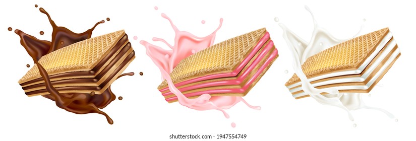 Wafer Chocolate, Strawberry, Milky liquid splashing in the middle isolated on white background, Vector realistic in 3d illustration.