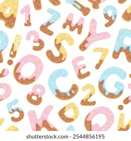 Wafer cream alphabet numbers vector pattern ABC letter in style of ice cream. Cartoon alphabet seamless design for printing on childish textiles kids birthday party nursery poster card packaging paper