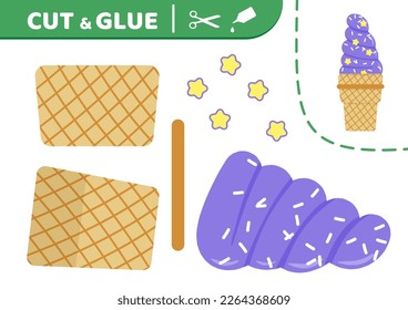 Wafer cup with purple ice cream. Cut and glue.  Ice cream. Applique. Paper education game. Flat, cartoon. Isolated vector illustration eps 10