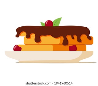Wafer and dripping chocolate.Waffles on a plate with cherry.Belgian waffles with cherries berry.Sweet pastries.Isolated on white background.Vector realistic illustration.