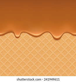 Wafer and flowing caramel - vector background. Sweet texture. Soft toffee candy.