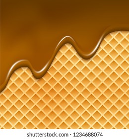 Wafer and flowing chocolate background. Waffle texture sweet dessert illustration with chocolate.