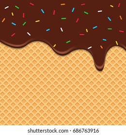 Wafer and flowing chocolate with glaze. Vector illustration background.