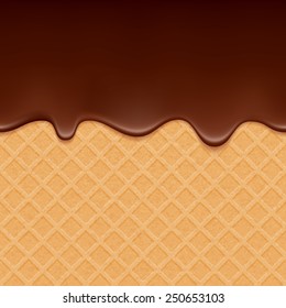 Wafer and flowing chocolate - vector background. Sweet texture. Soft icing.