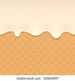 Wafer and flowing white chocolate, cream or yogurt - vector background. Sweet texture. Soft icing.