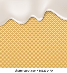 Wafer and flowing white chocolate, cream or yogurt - vector background.