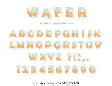 Wafer font. Cute sweet letters and numbers can be used for birthday card, baby shower, Valentines day, sweets shop, girls magazine, collages. Isolated.