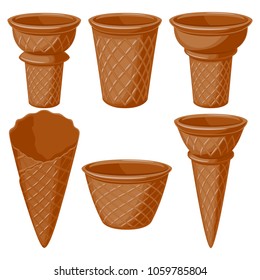 Wafer ice cream cones and containers forms set. Vector sweets. Chocolate flavor.