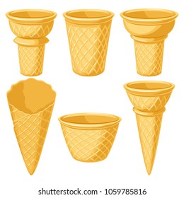 Wafer ice cream cones and containers forms set. Vector sweets.