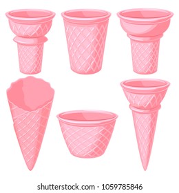 Wafer ice cream cones and containers forms set. Vector sweets. Strawberry flavor.
