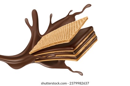 Wafer with liquid chocolate splashing in the middle on white background. Realistic vector in 3D illustration. Food concepts.