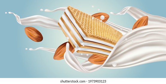 Wafer Milky liquid splashing in the middle isolated on white background, Vector realistic in 3d illustration.
