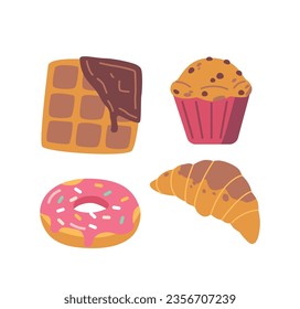 Wafer, Muffin, Donut And Croissant Delectable Assortment Of Bakery Products. Freshly Baked Bread, Flaky Pastry