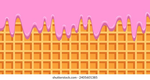 Wafer pattern with dripping drops of molten liquid pink cream. Realistic wafer background. Ice cream cone texture. Vector illustration