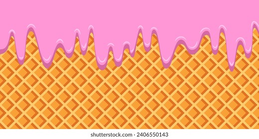 Wafer pattern with dripping drops of molten liquid pink cream. Realistic wafer background. Ice cream cone texture. Vector illustration