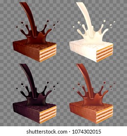 Wafer with pouring chocolate splash 3d realistic vector set