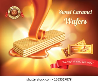 Wafer realistic advertisement background with blurs lights and pouring caramel with editable text and pack shot vector illustration