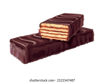 Wafer realistic composition with image of wafers covered with chocolate glaze on blank background vector illustration