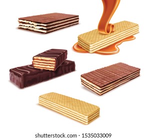 Wafer realistic set on blank background with isolated images of wafers with different taste and flavour vector illustration