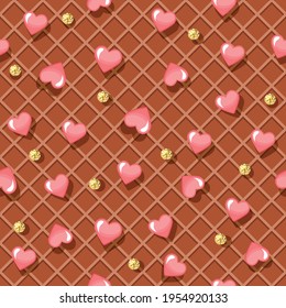 Wafer seamless pattern decorated with hearts and glitter polka dots. Festive romantic pattern for birthday, valentine design. Vector illustration