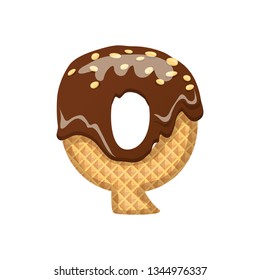 Wafer Shaped Alphabet Design with Melted Chocolate and nuts. 
Sweet alphabet, dessert for kids, realistic abstract vector 
illustration. Sweet Letter Q