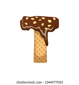 Wafer Shaped Alphabet Design with Melted Chocolate and nuts. 
Sweet alphabet, dessert for kids, realistic abstract vector 
illustration. Sweet Letter T
