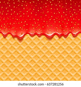 Wafer and strawberry jam - vector background. Sweet texture. Soft icing. Seamless horizontal pattern.