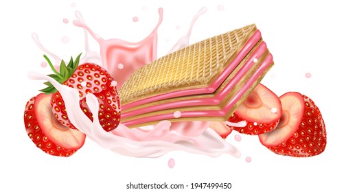 Wafer Erdbeeren, Milchcreme, die in der Mitte auf weißem Hintergrund spritzt. Realistische Vektorgrafik in 3D-Illustration.