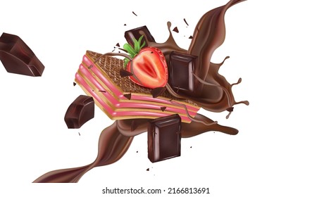Wafers Chocolate, Strawberry in the middle on white background. Realistic vector in 3D illustration. Food and Drink concepts.