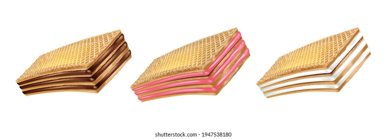 Wafer Schokolade, Erdbeere, Milchcreme in der Mitte auf weißem Hintergrund. Realistische Vektorgrafik in 3D-Illustration.