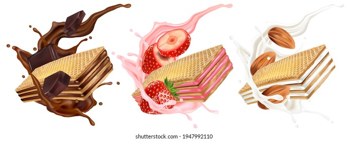 Wafers Chocolate, Strawberry, Milky cream in the middle on white background. Realistic vector in 3D illustration.