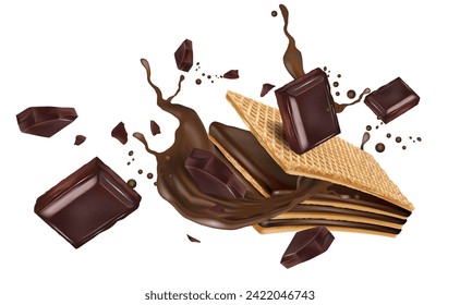 Chocolate, fresa, crema lechosa en el medio sobre fondo blanco. Vector realista en ilustración 3D.