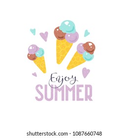 A wafer-style ice cream cone with fresh summer ice cream, surrounded by hearts. Flat vector illustration on white background with the text "Enjoy summer". Icon of ice cream with hand-drawn lettering.