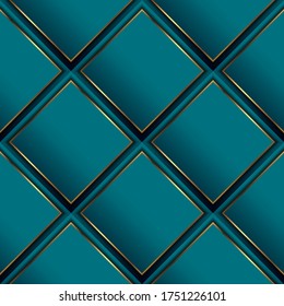 Waffle 3d vector seamless pattern. Geometric luxury surface background. Repeat turquoise waffled modern backdrop. Beautiful ornate abstract ornament with rhombus, gold frames, stripes. Elegant design.