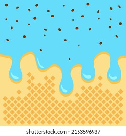 Waffle background with blue glaze flowing down, wafer with ice cream. Vector illustration